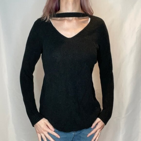 Vince Camuto Cutout V-Neck Wide Ribbed Sweater Faded Black Charcoal M Med Medium - Picture 1 of 11